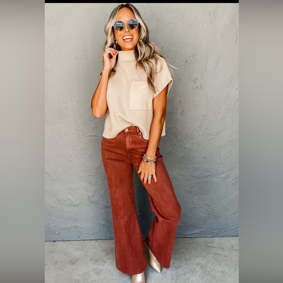 Oatmeal Tan Ribbed Short Sleeve Ribbed Lightweight Sweater Top, High Collar - Picture 3 of 10